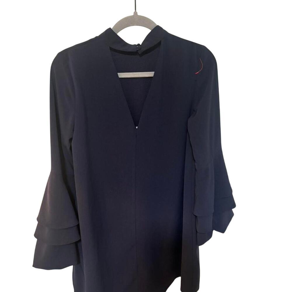 Vestique Navy Bell Sleeve Shift Dress Size S Elegant Mock Neck Dress - Picture 3 of 8